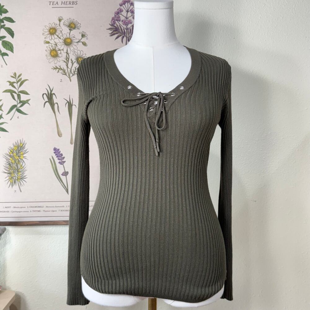 Vintage 90s Y2k Green Lace Up Ribbed Knit Top Indie Sleaze Rockstar Girlfriend M